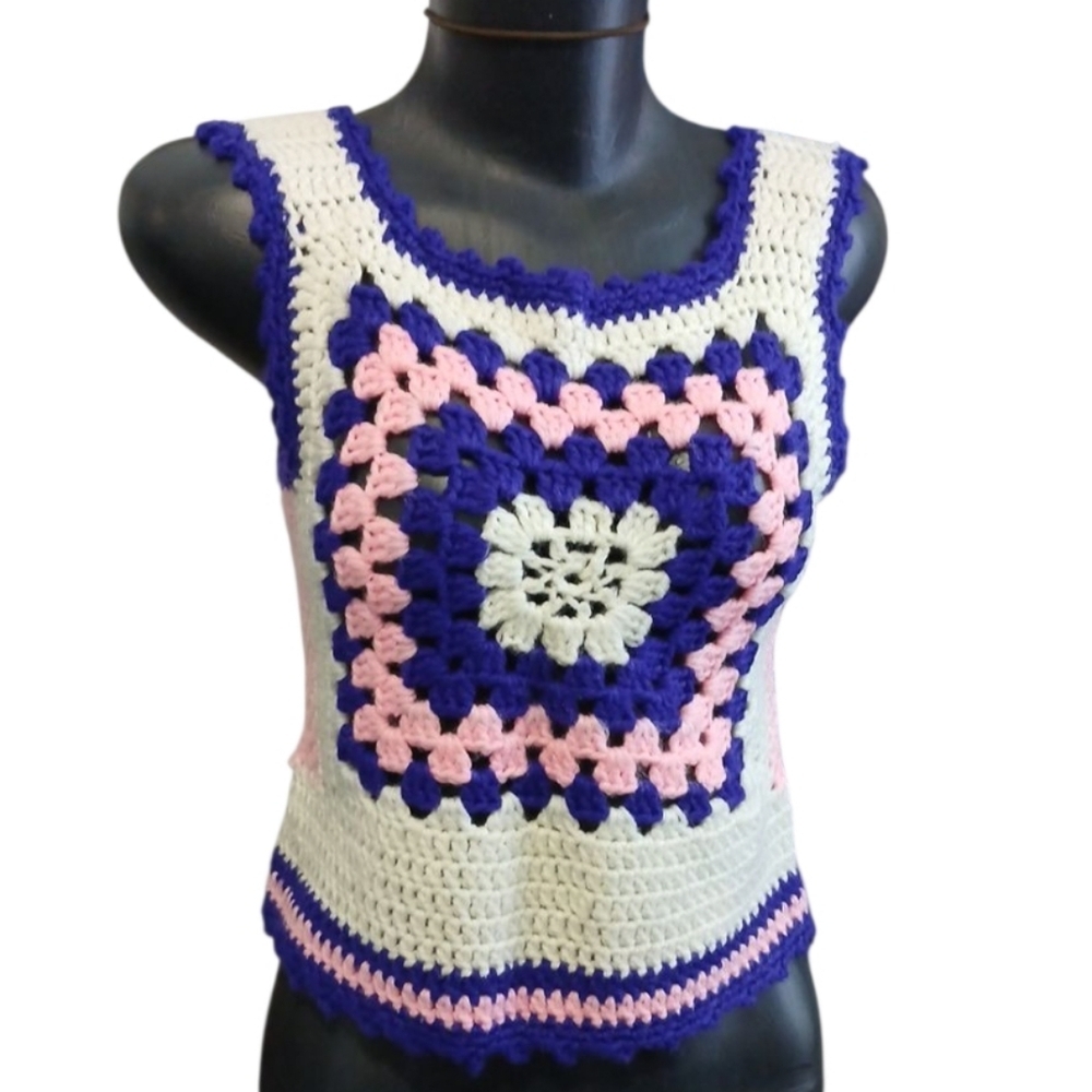 Vintage 70s Crochet Granny Square Vest Top - Boho Hippie Festival Style